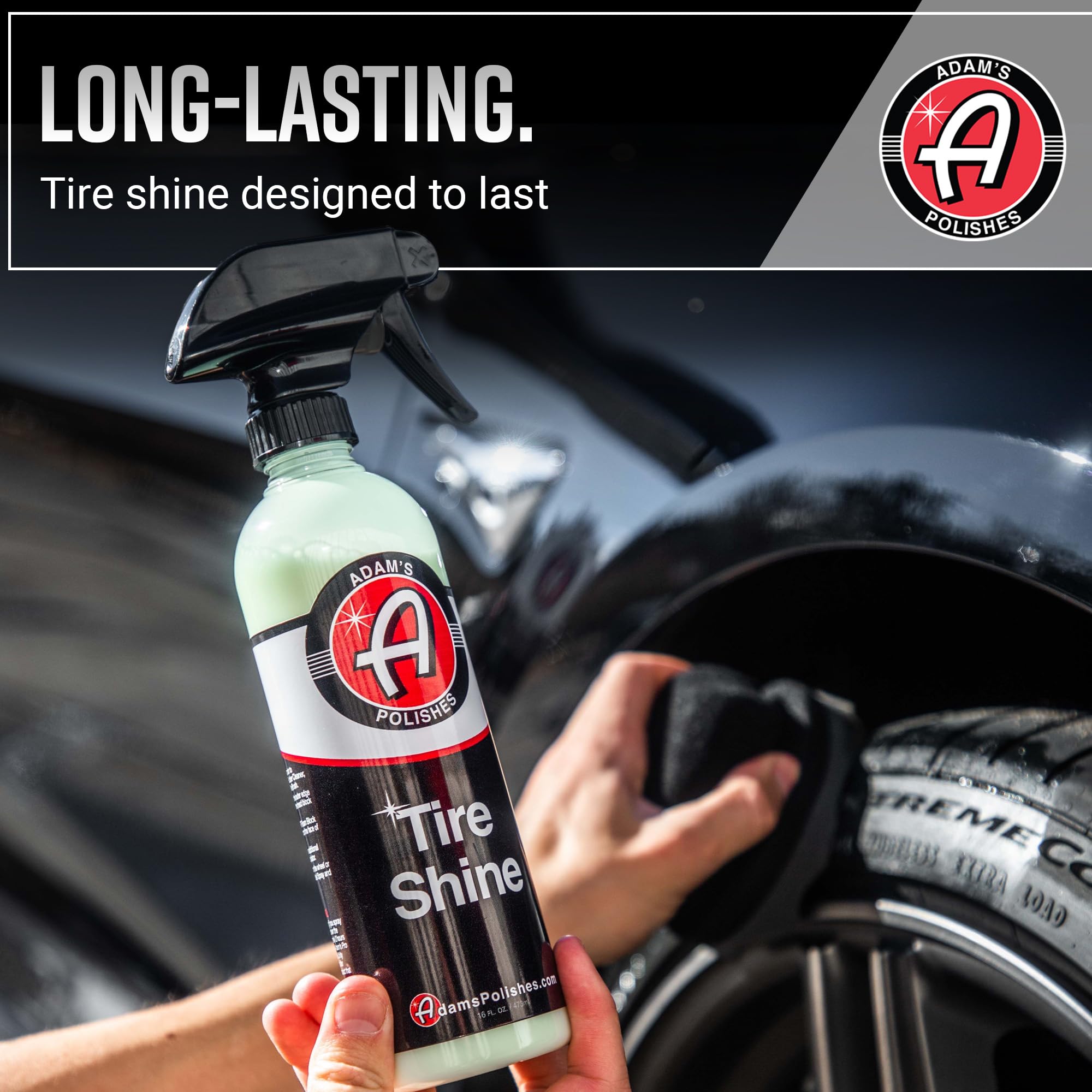 Close-up of Adam's Polishes Tire Shine Combo showing silica-infused formula for durability.