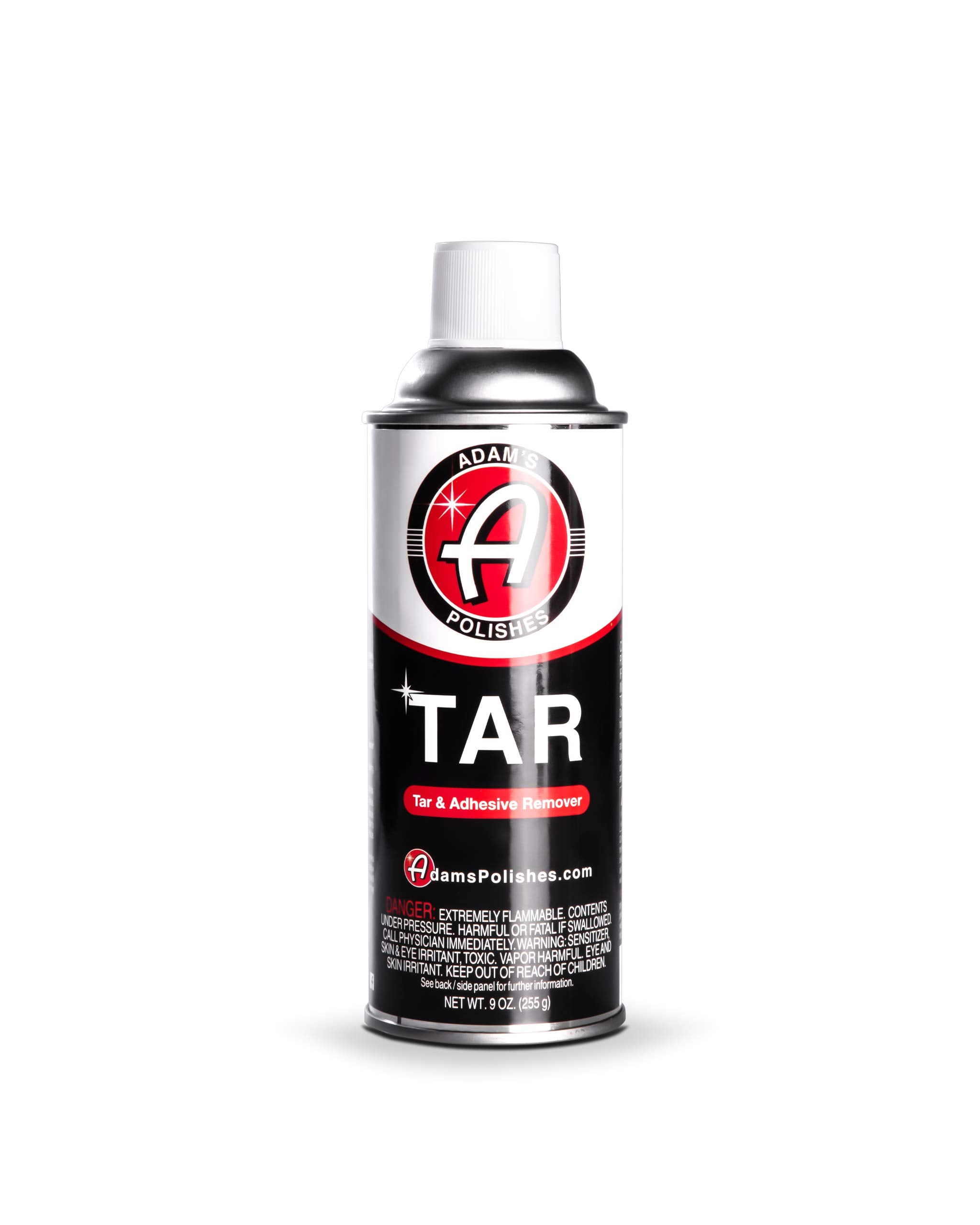 Adam's Polishes Tar 9oz bottle with pour cap demonstrating easy application and fast tar removal.