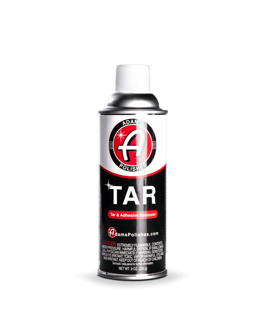 Adam's Polishes Tar 9oz bottle with pour cap demonstrating easy application and fast tar removal.