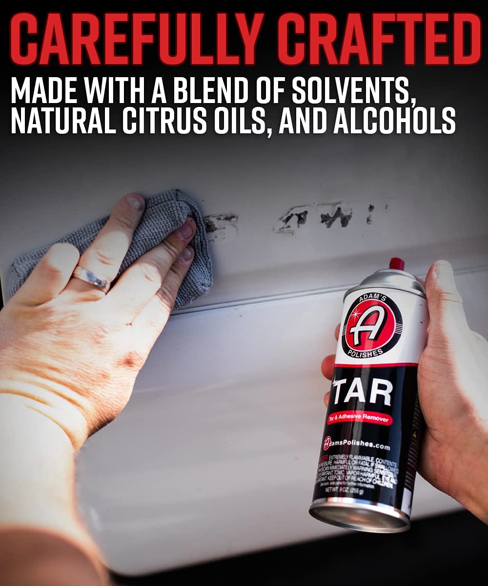 Adam's Polishes Tar 9oz label closeup shows safety notes and suitability for paints.