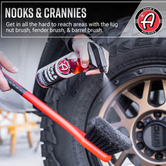 Adam's Polishes tire brush with stiffer bristles tackling brake dust