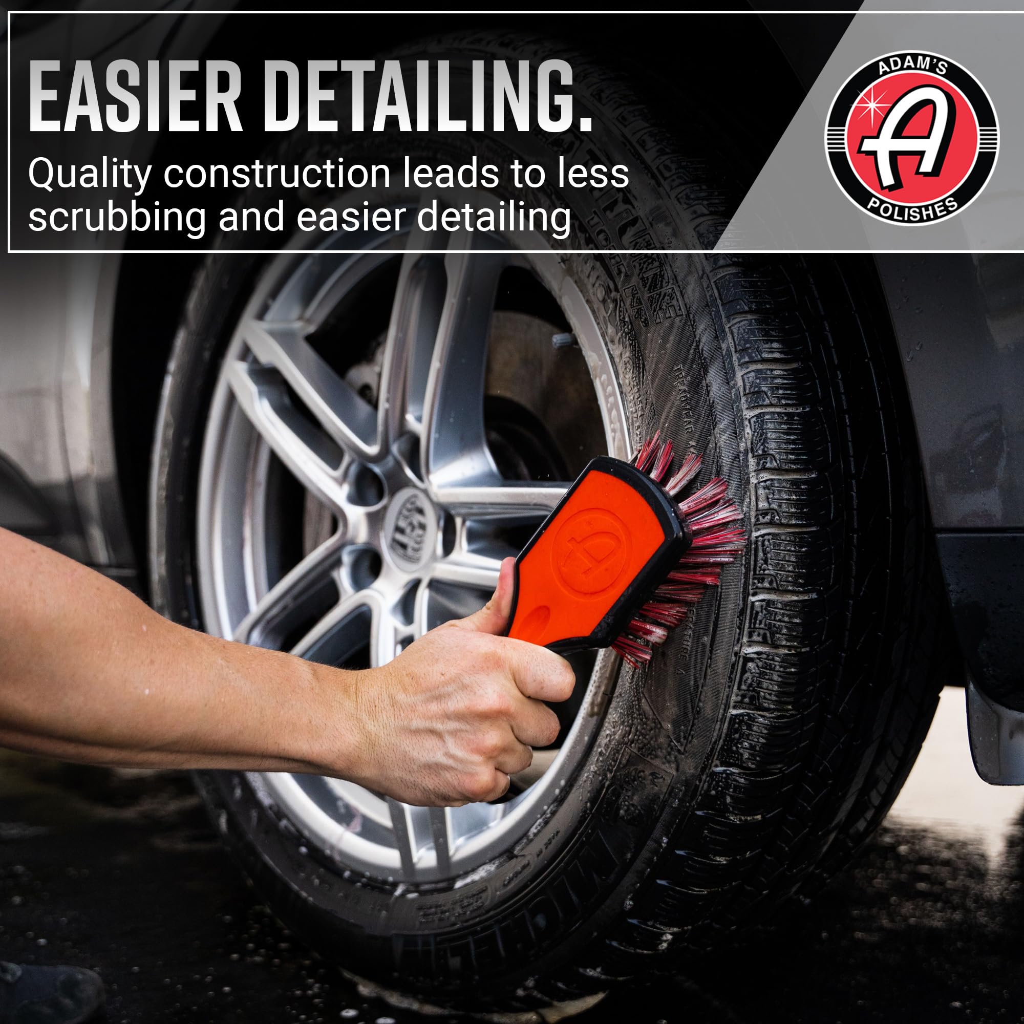Adam's Polishes tire brush used with Tire Cleaner for thorough scrubbing