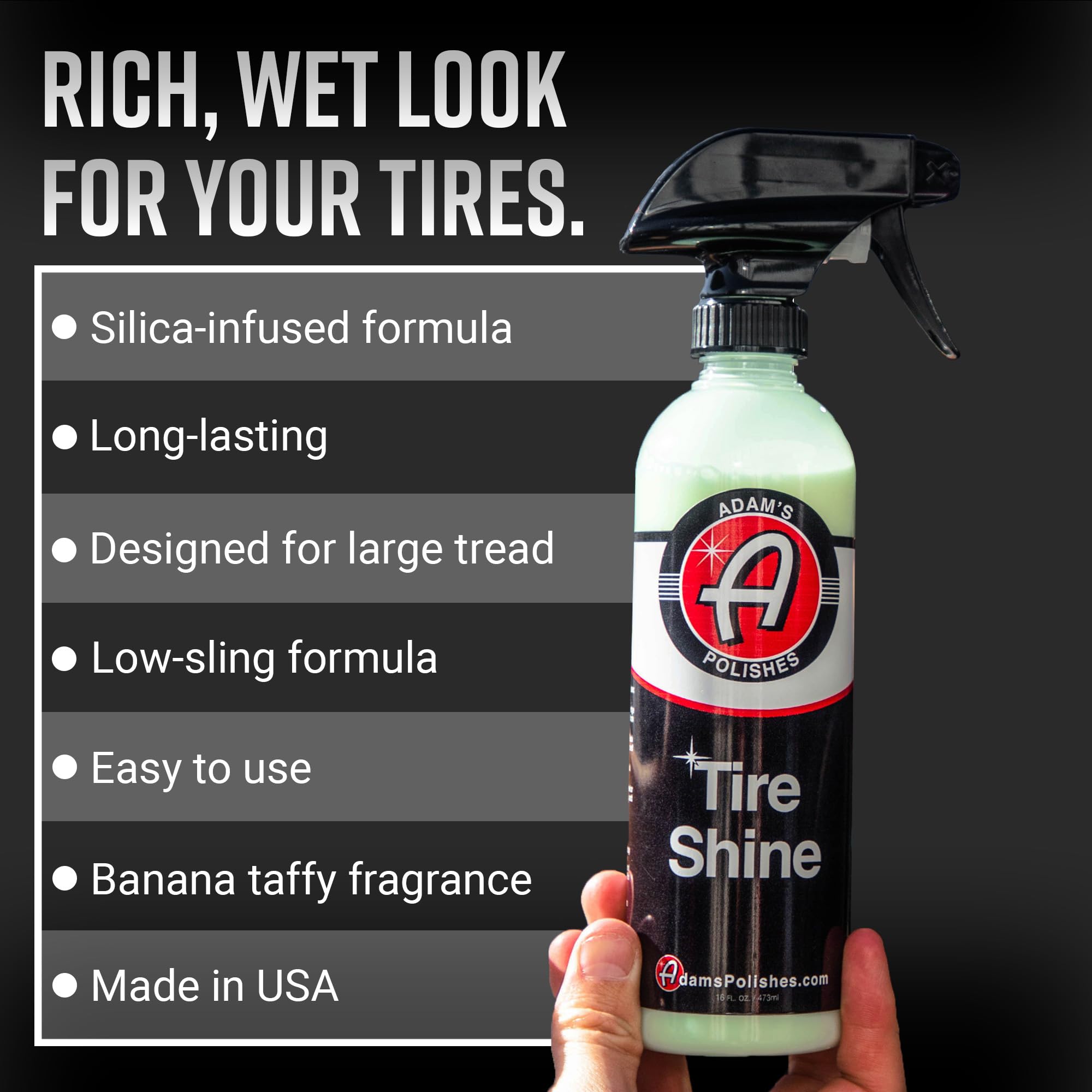 Adam's Polishes Tire Shine being applied to a tire for a deep, non-greasy shine.
