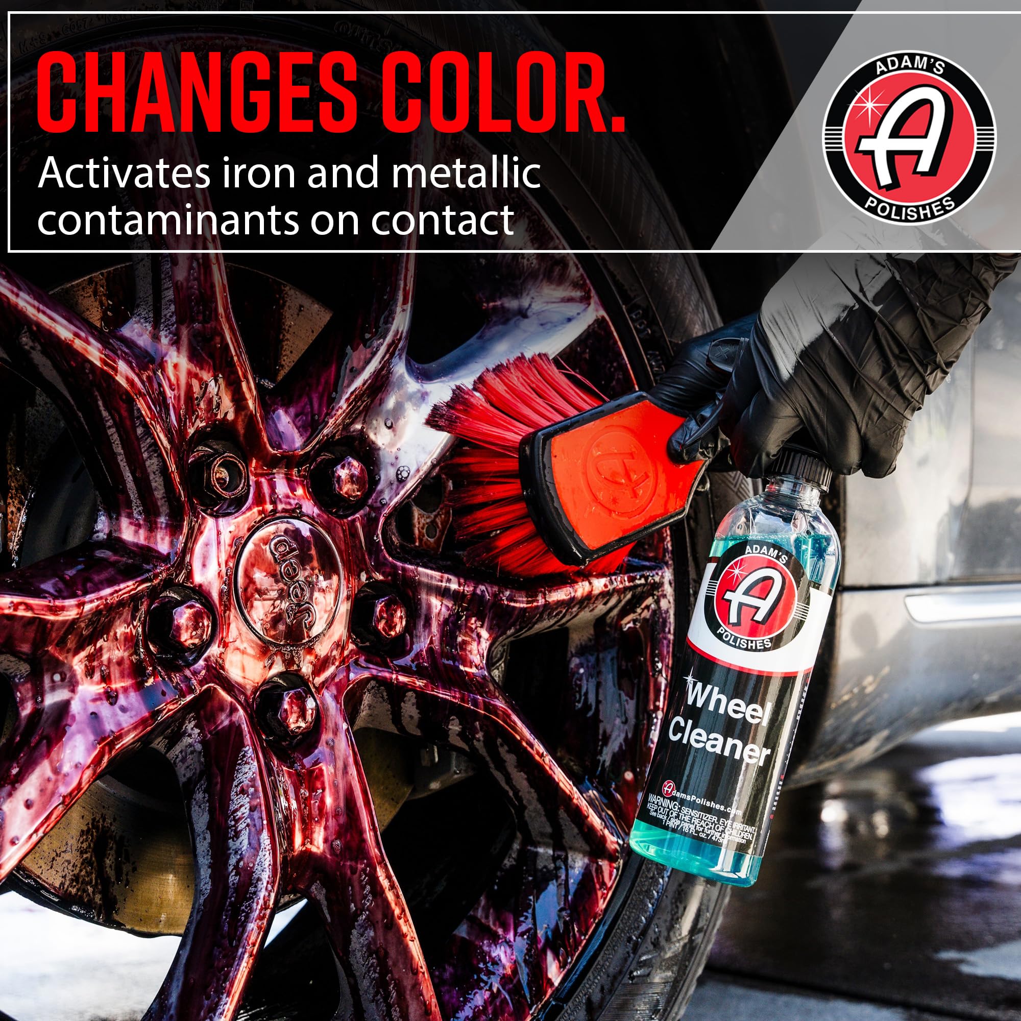 Adam's Polishes Wheel Cleaner color-change activation on wheel finish.