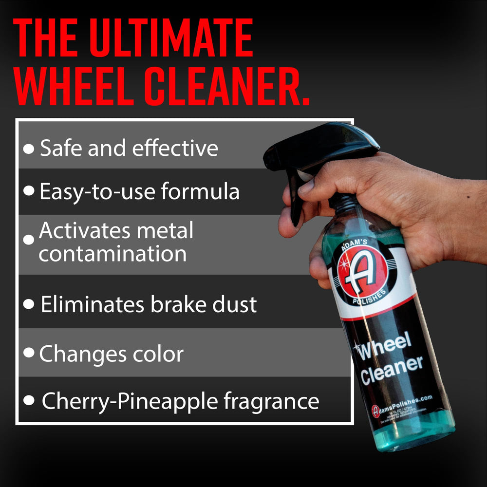 Adam's Polishes Wheel Cleaner spray-action on wheels demonstrates quick, effective cleaning.