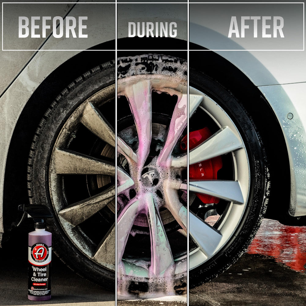 Adam's Polishes Wheel & Tire Cleaner foam action demonstrates strong dirt lifting on rims