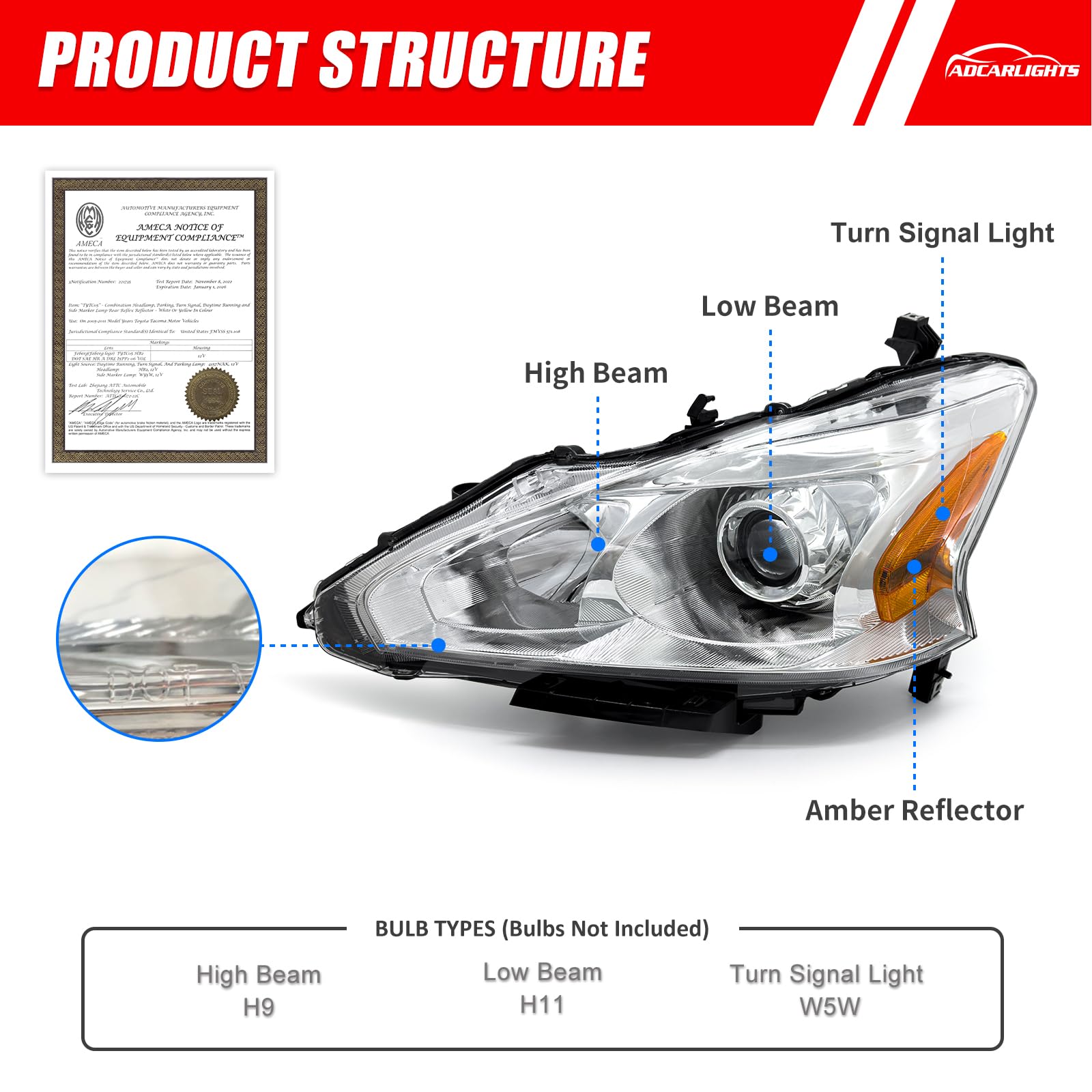 ADCARLIGHTS Altima front assembly close-up shows high-transparency PC lens