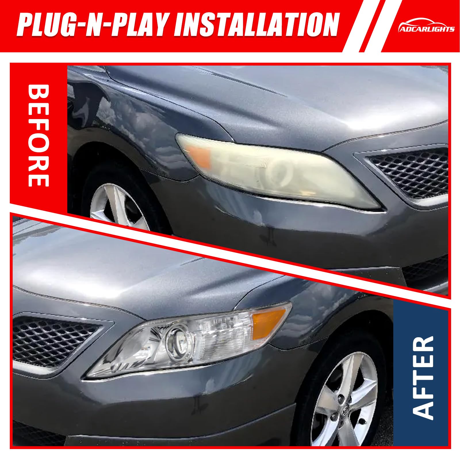 ADCARLIGHTS Camry headlight amber reflector detail for daytime visibility.