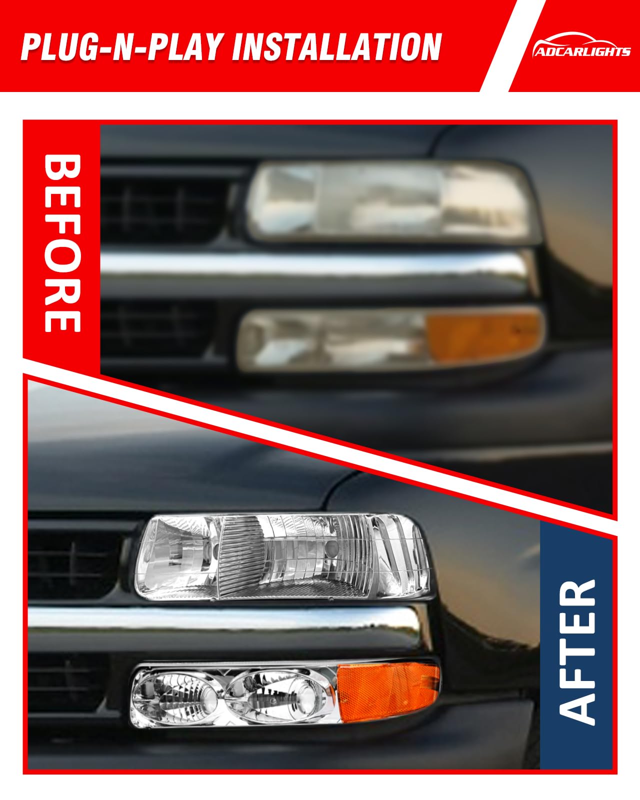 ADCARLIGHTS Chevy Suburban headlight chrome housing boosts nighttime visibility and curb appeal