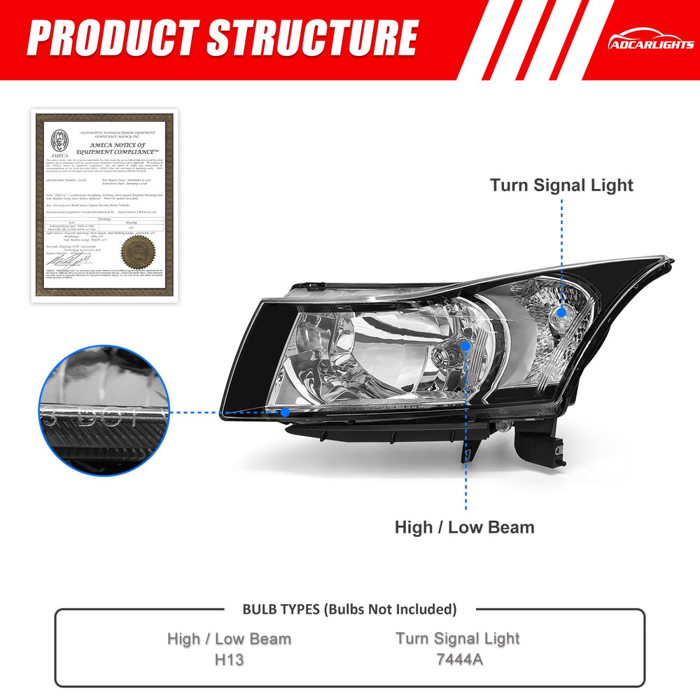 ADCARLIGHTS Cruze headlight assembly IP65 waterproof housing for rainy days.