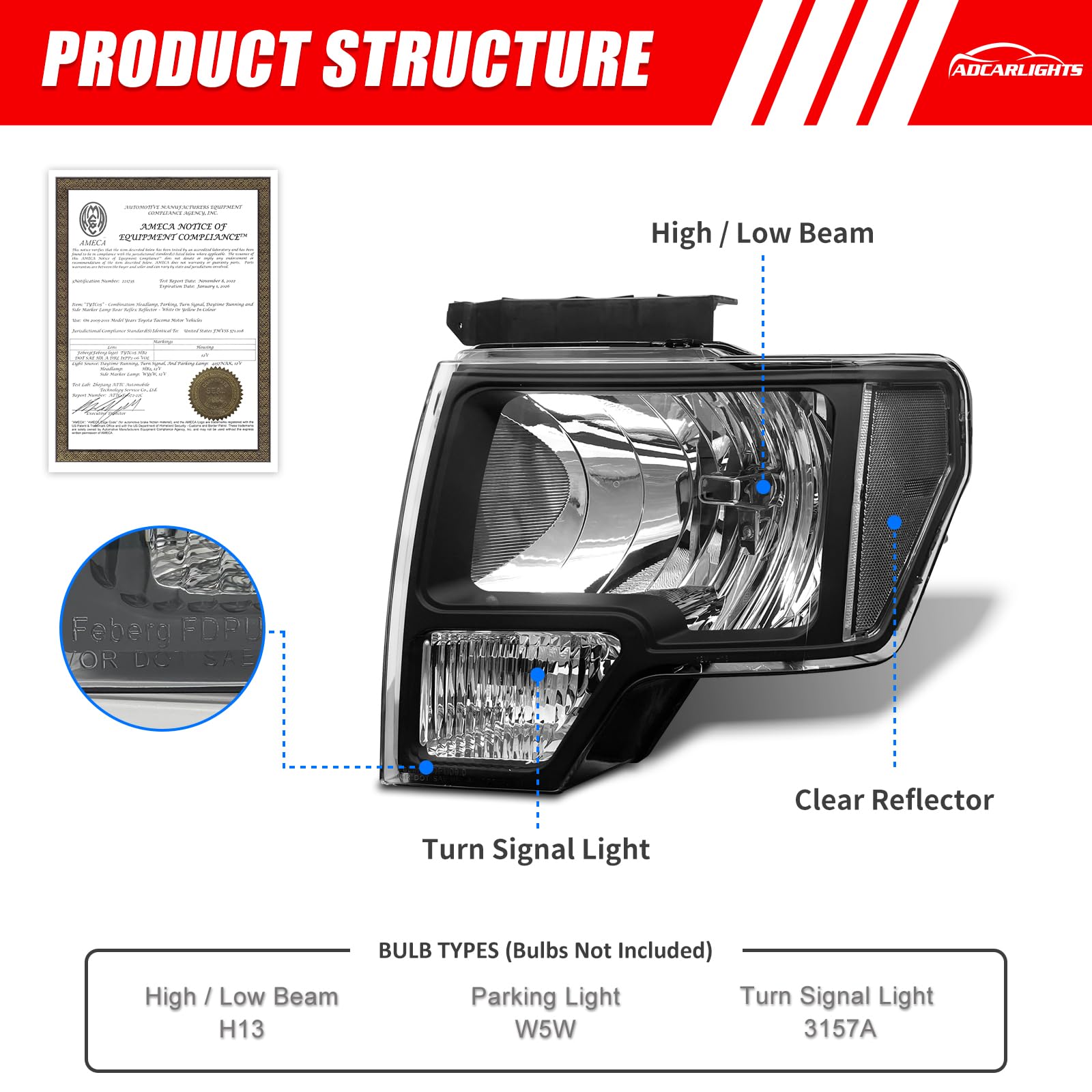 ADCARLIGHTS F-150 left headlight black housing front reflector boosts style