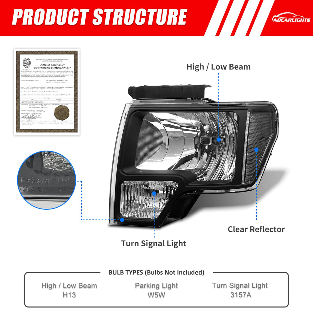 ADCARLIGHTS F-150 left headlight black housing front reflector boosts style