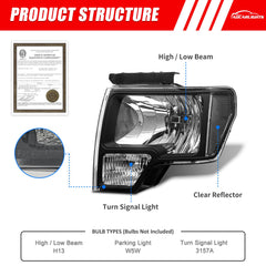 ADCARLIGHTS F-150 left headlight black housing front reflector boosts style