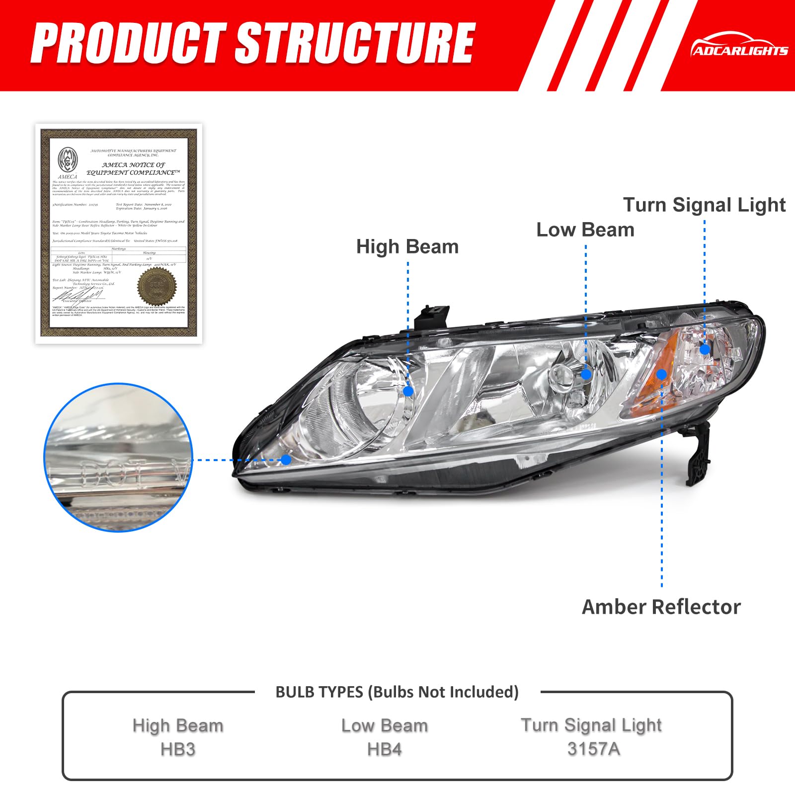 ADCARLIGHTS plug-n-play headlight for quick, easy installation.