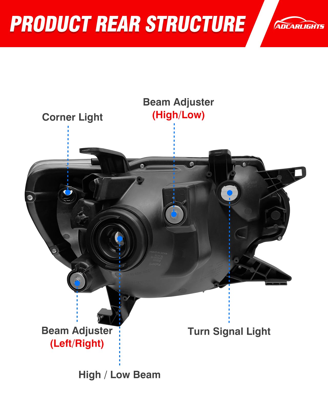 ADCARLIGHTS amber reflector detail on headlight for brighter edge lighting