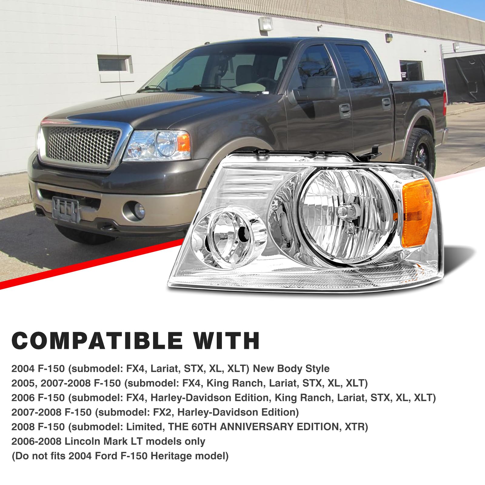 ADCARLIGHTS headlight assembly for Lincoln Mark LT with clear lens and chrome housing