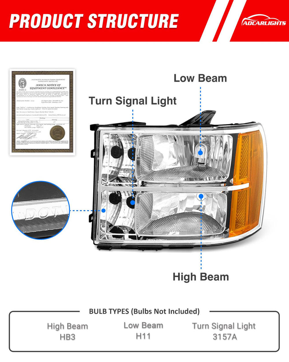 ADCARLIGHTS Sierra 1500 passenger-side headlight with chrome housing enhances front-end illumination.