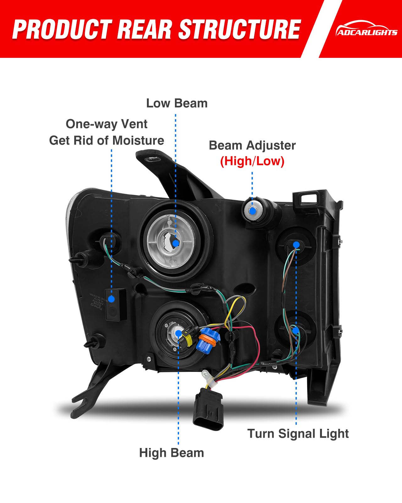 ADCARLIGHTS Sierra 2500HD/3500HD driver-side chrome headlight improves wide, bright beam.