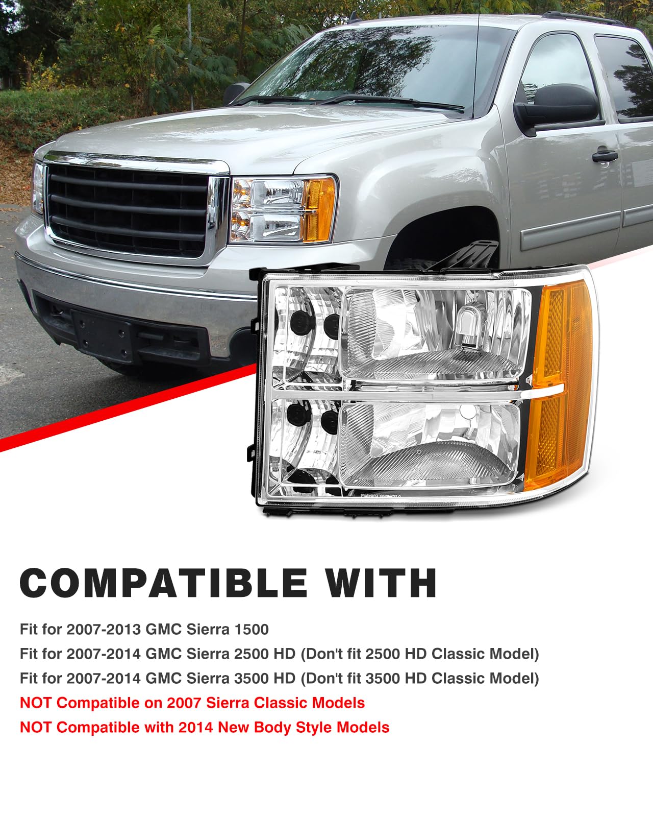 ADCARLIGHTS Sierra 2500HD/3500HD passenger-side chrome headlight enhances road visibility at night.