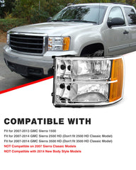 ADCARLIGHTS Sierra 2500HD/3500HD passenger-side chrome headlight enhances road visibility at night.