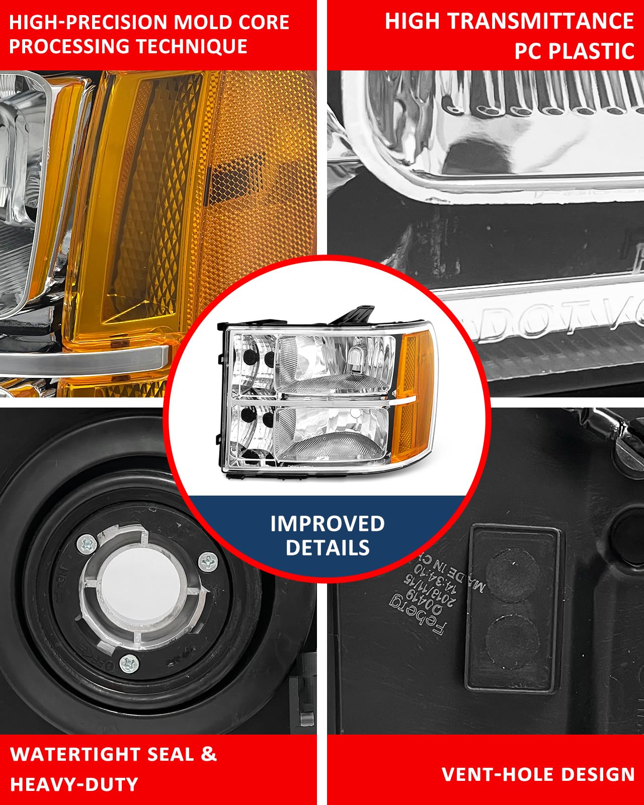 ADCARLIGHTS headlight lens closeup shows UV-coated PC for durability.