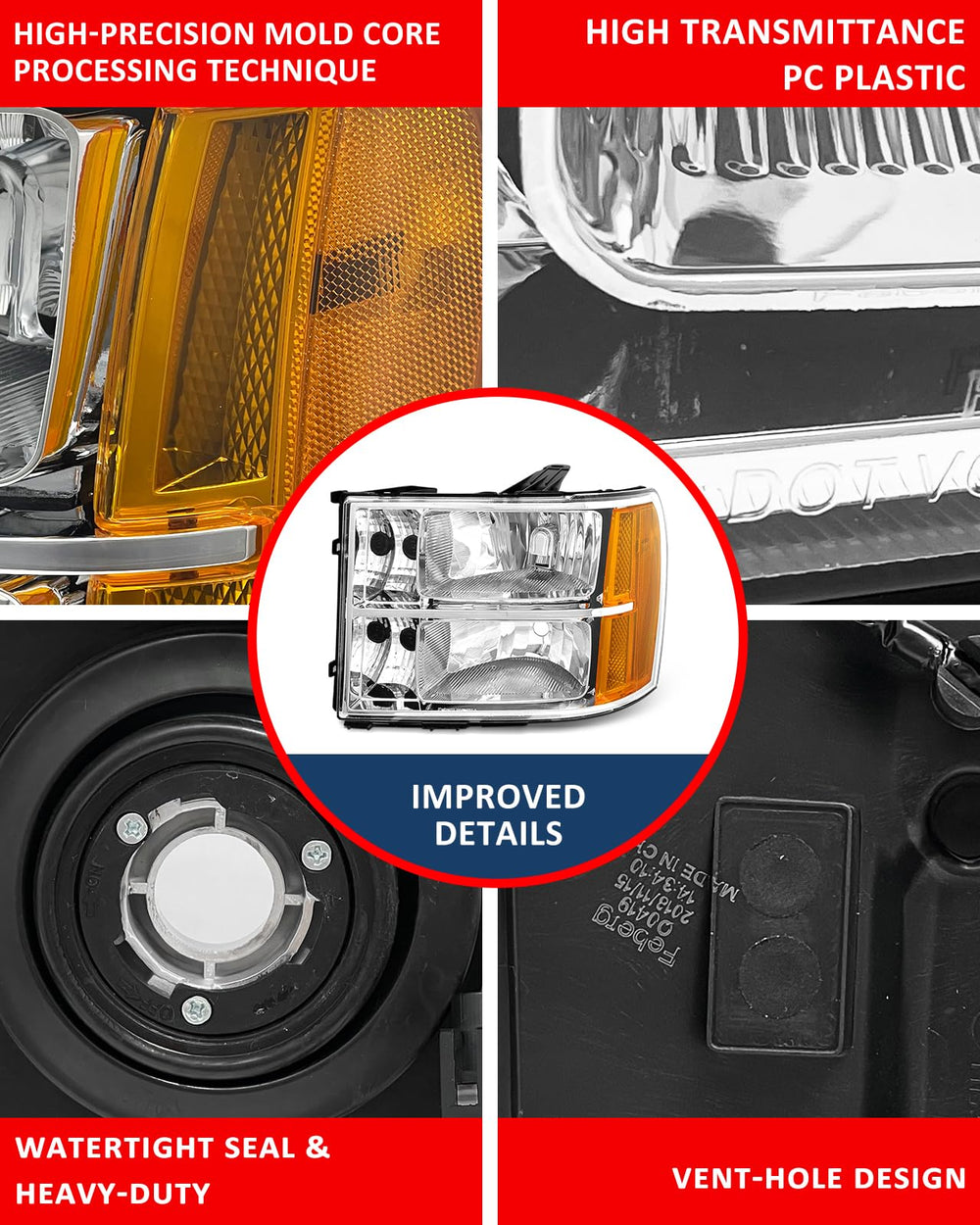 ADCARLIGHTS headlight lens closeup shows UV-coated PC for durability.