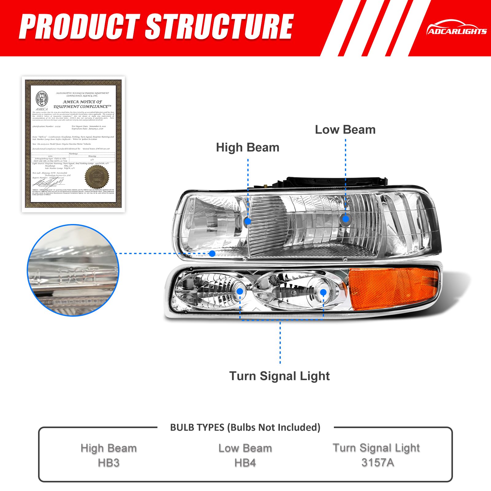 ADCARLIGHTS Silverado 2500HD/3500 2000-2006 headlight with amber reflector enhances beam clarity.