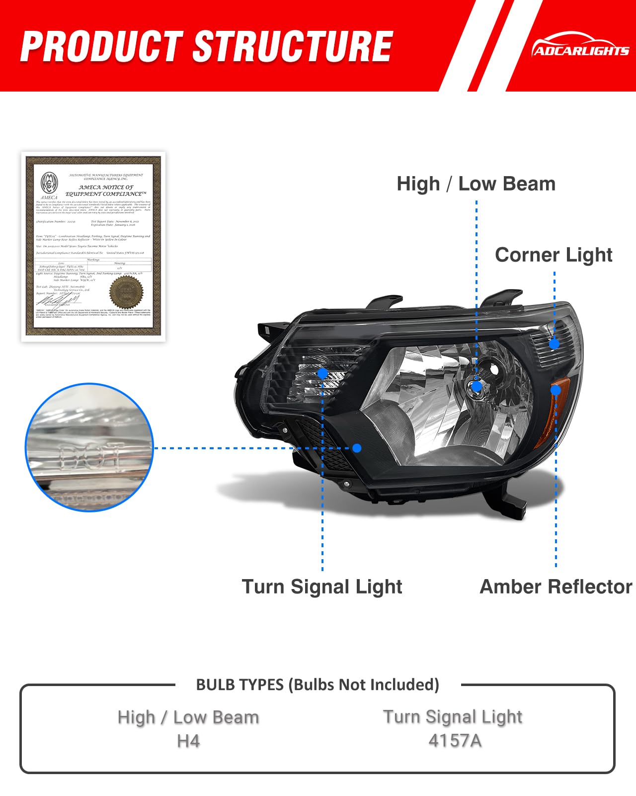 ADCARLIGHTS right headlight assembly for Tacoma with amber reflector enhances nighttime visibility