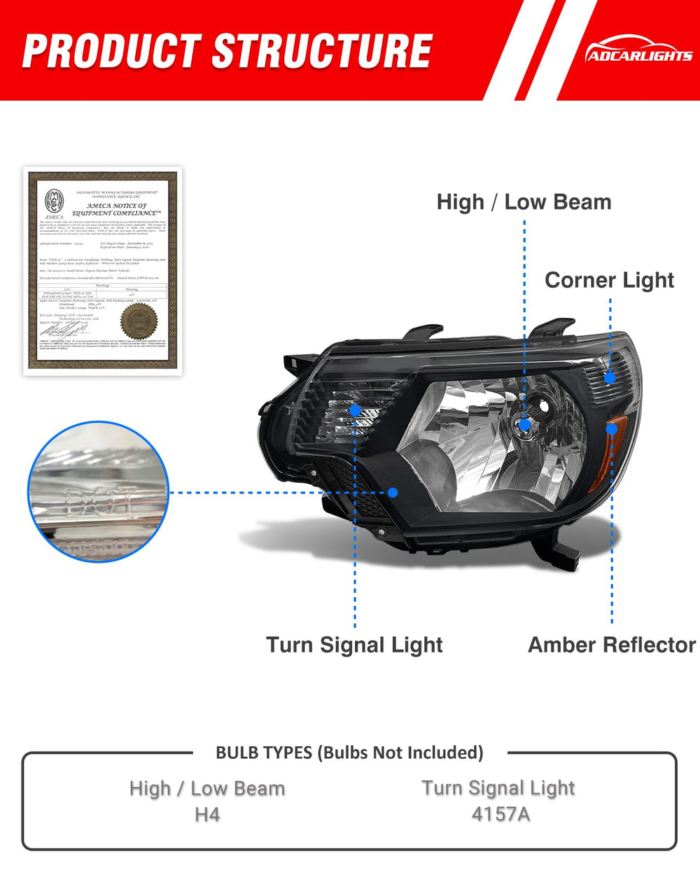 ADCARLIGHTS right headlight assembly for Tacoma with amber reflector enhances nighttime visibility