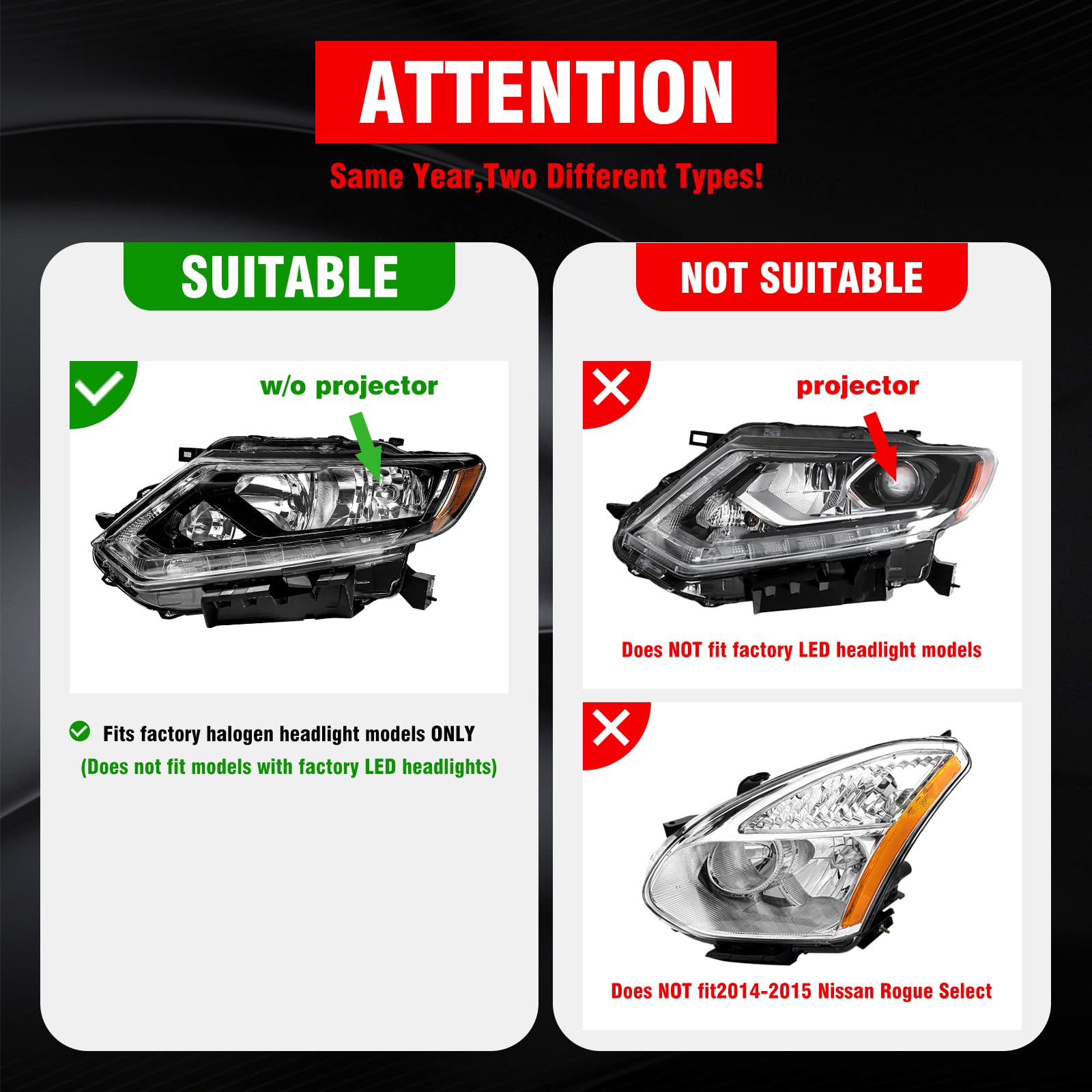 ADCARLIGHTS Nissan Rogue right headlight with clear lens, enhanced visibility for night driving