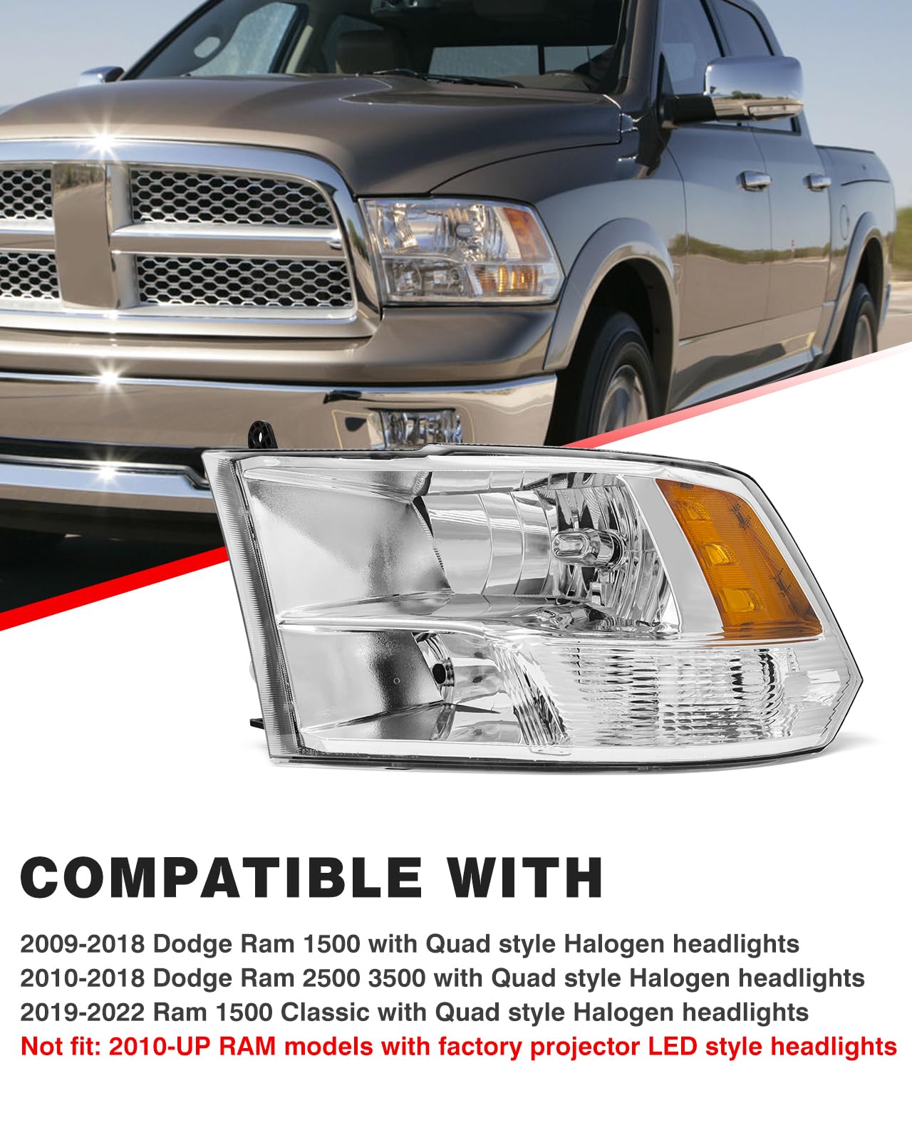 ADCARLIGHTS Ram headlight assembly front view showing chrome finish.