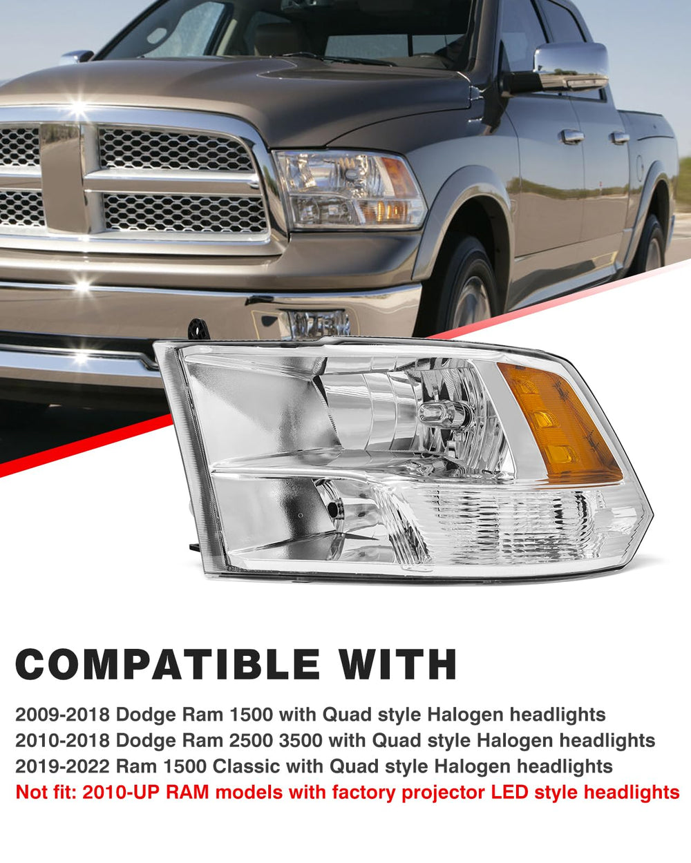 ADCARLIGHTS Ram headlight assembly front view showing chrome finish.