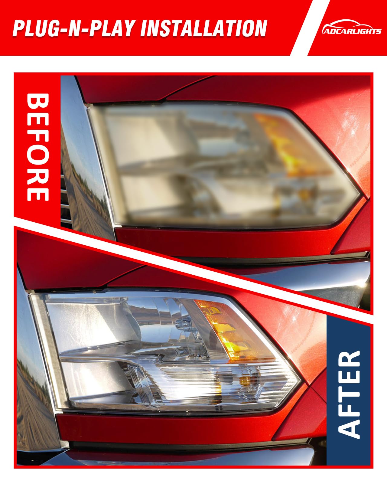 ADCARLIGHTS Ram headlight assembly side profile emphasizing fit and chrome trim.