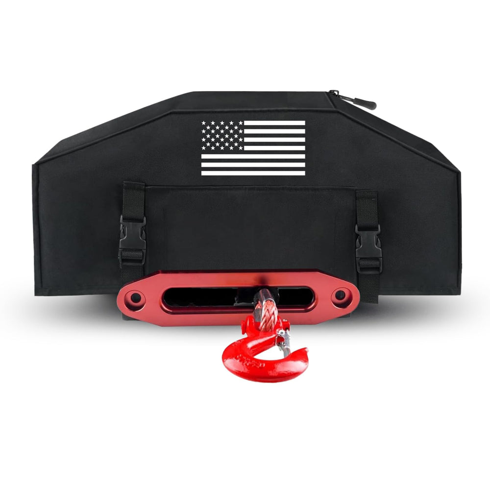 Addsafety 900D winch cover with flag pattern protecting an electric winch outdoors