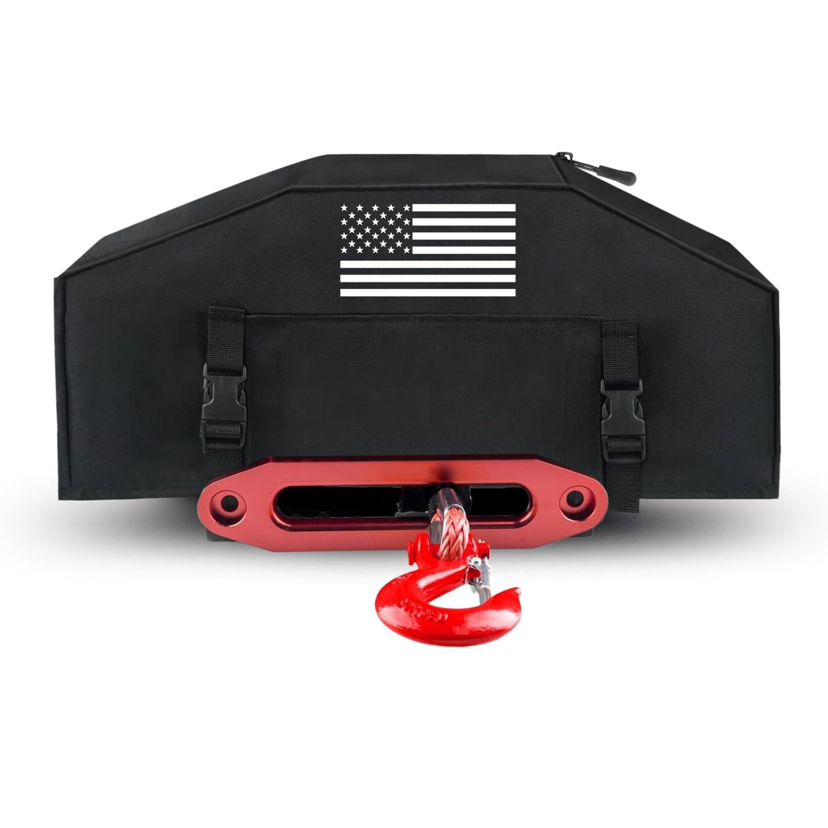 Addsafety 900D winch cover with flag pattern protecting an electric winch outdoors
