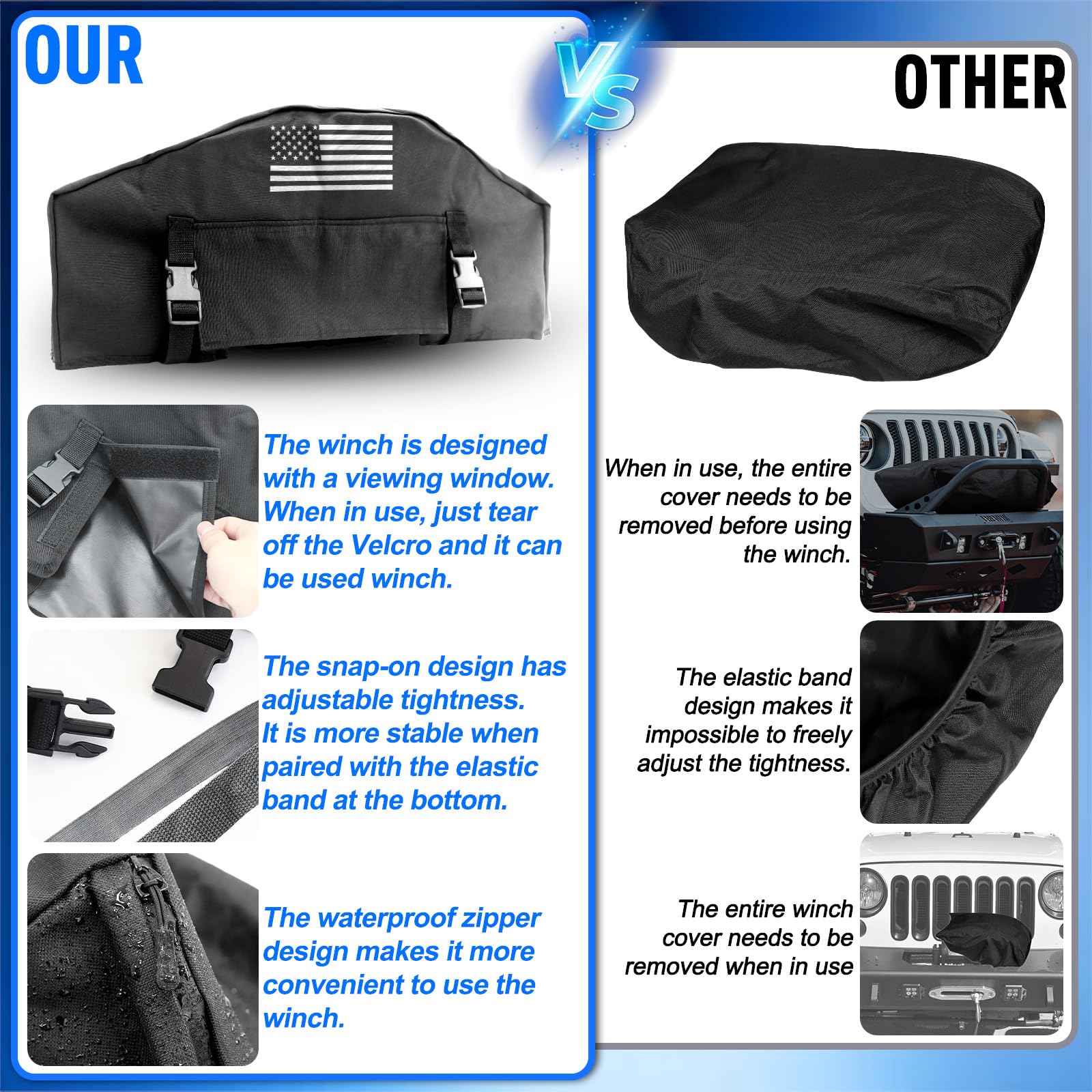 Top-right zipper access on Addsafety winch cover for clutch and remote socket