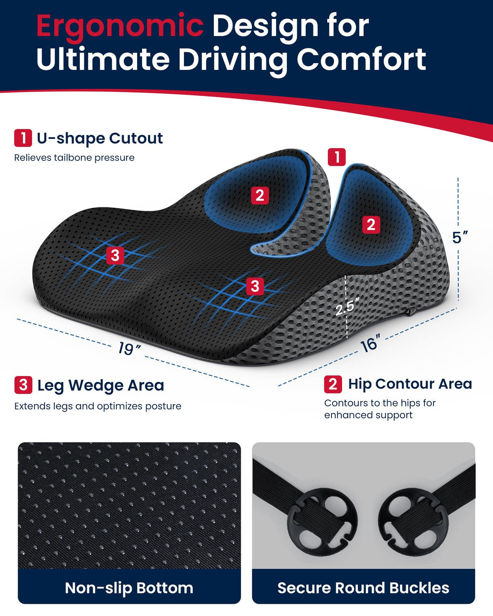 ADERI Gel Wedge Cushion memory foam core supports tailbone and hips