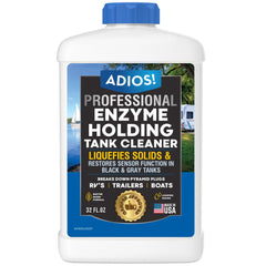 ADIOS! Black Tank Cleaner bottle for RVs demonstrates easy clog treatment and odor control.