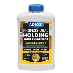 ADIOS! RV holding tank treatment bottle shown for easy odor free maintenance