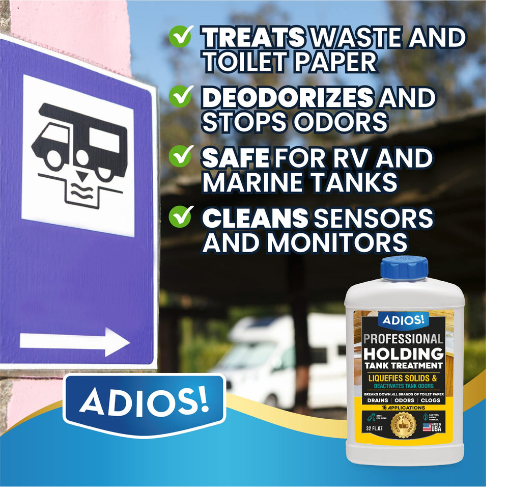 ADIOS! pouring into RV holding tank to digest waste efficiently