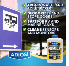 ADIOS! pouring into RV holding tank to digest waste efficiently