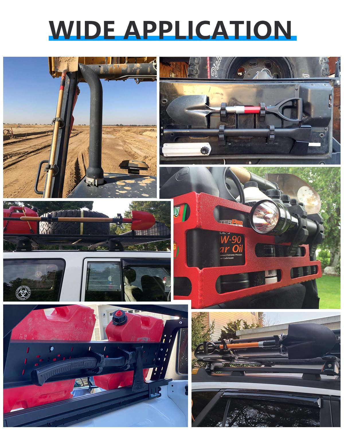 ADTOPI clamp for 1-1/7 to 1-3/7 in handles secures tools during off-road use.