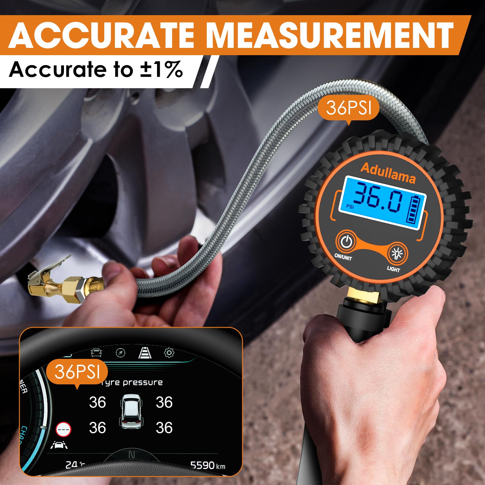 Adullama digital tire pressure gauge inflator enables 3-in-1 inflation and deflation on the go.