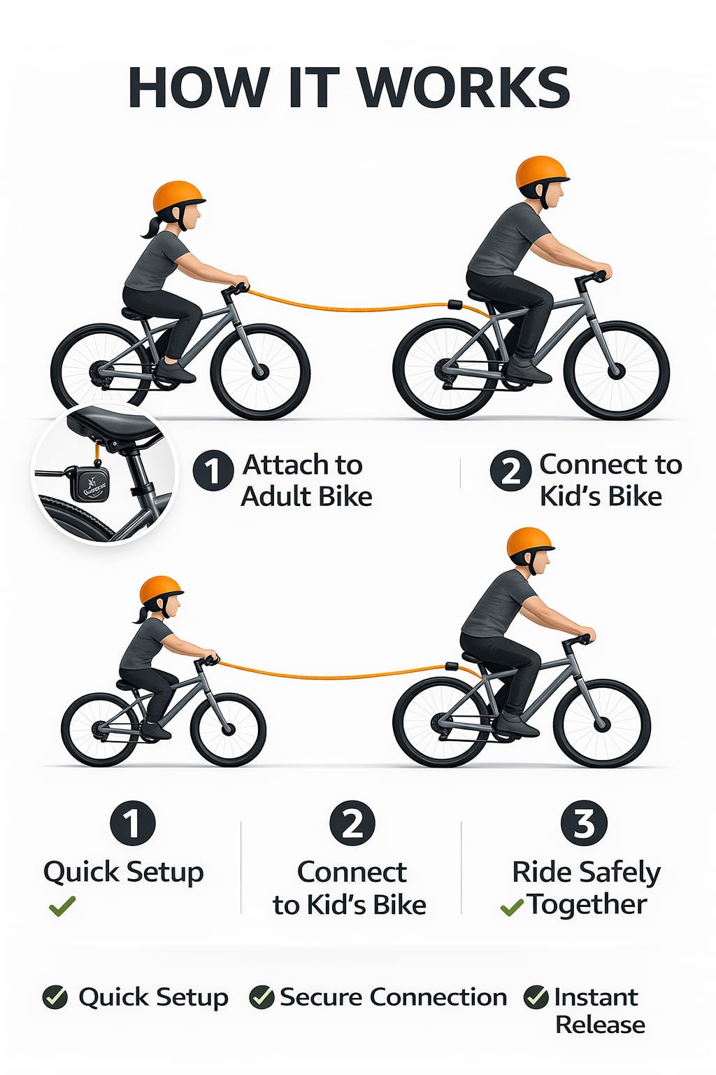 ADVENTURE TOW coupler connection secures adult and kid bikes for quick, safe setup.
