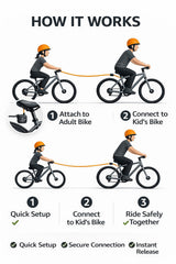 ADVENTURE TOW coupler connection secures adult and kid bikes for quick, safe setup.