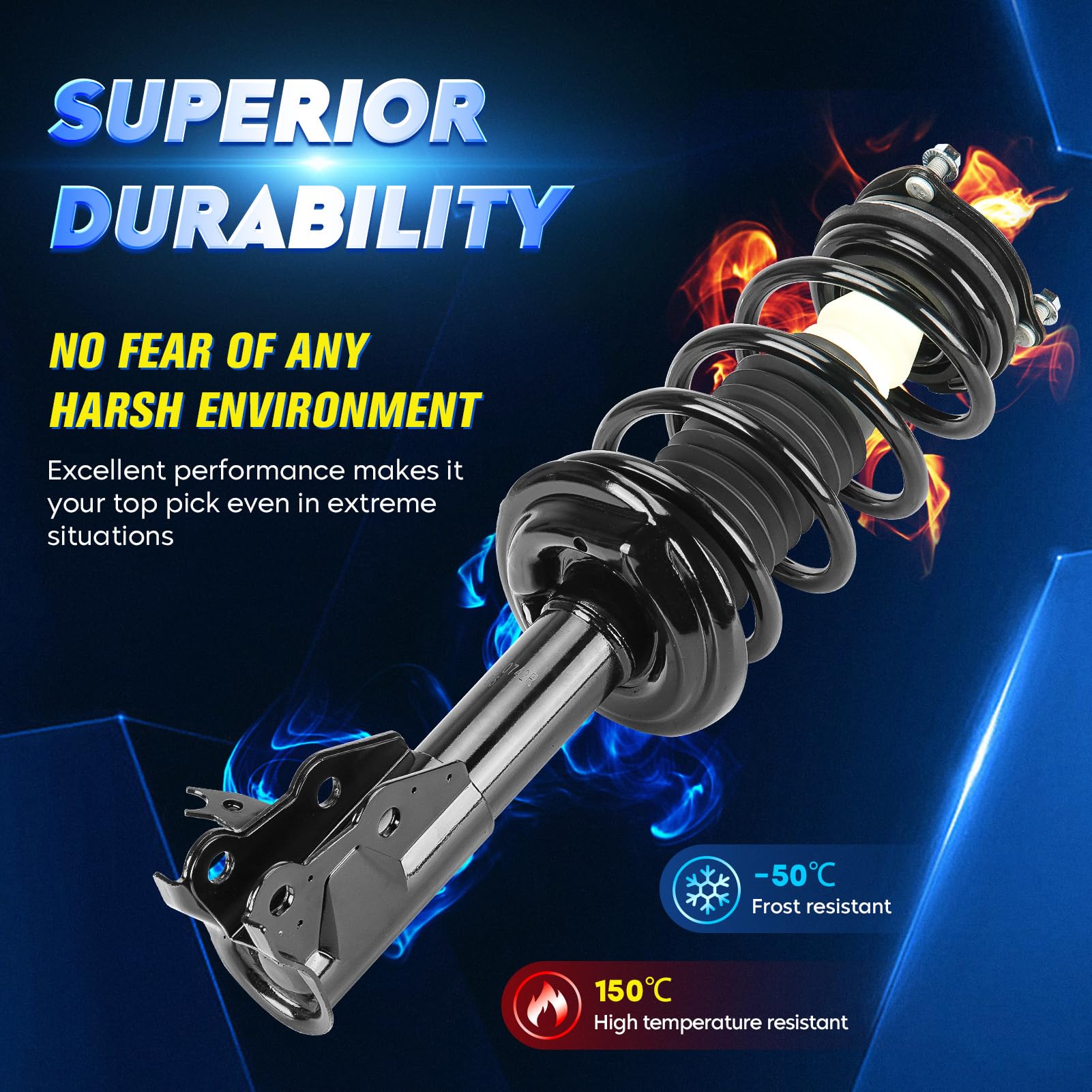 Aeagle front strut assembly with coil spring supports stable sedan performance.