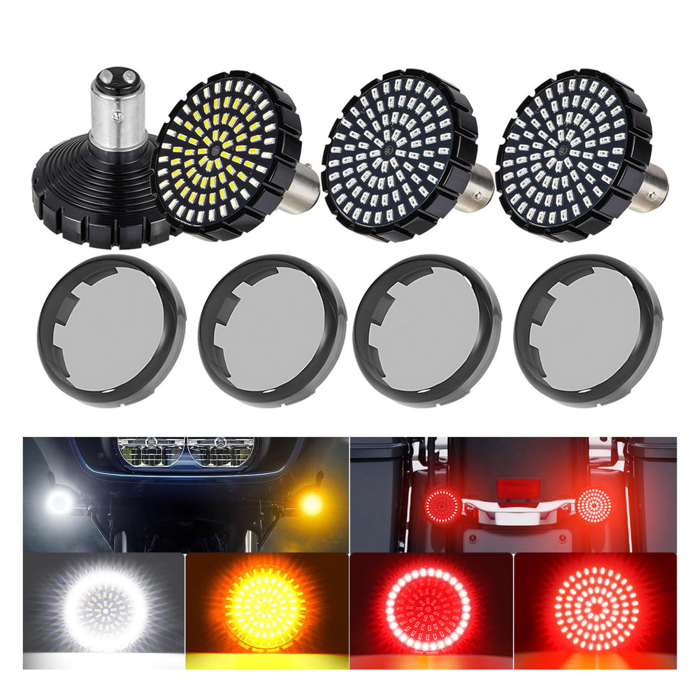 AEEAST 1157 LED turn signals front angle for Harley, high nighttime visibility.
