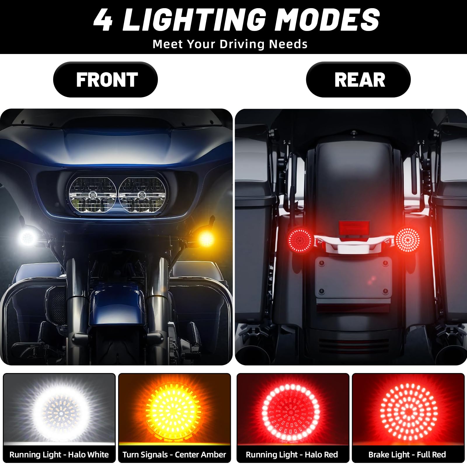 AEEAST 1157 LED turn signals with smoked lenses for weather resistance.