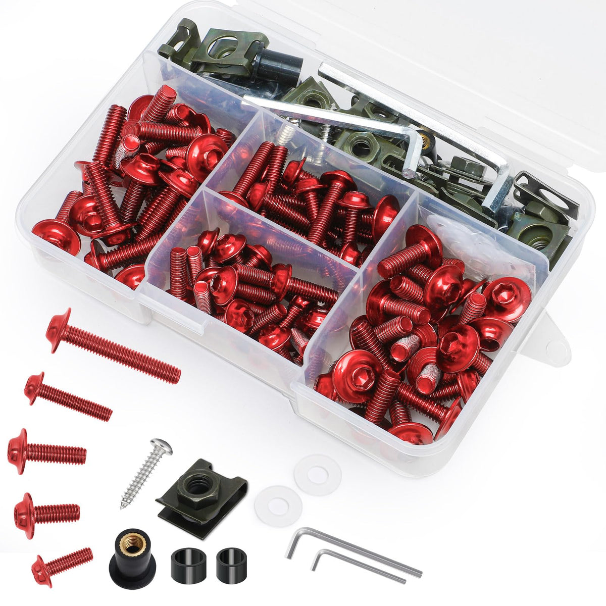 AEEAST 177Pcs fairing bolt kit laid out for universal sportbike fit and quick reference.