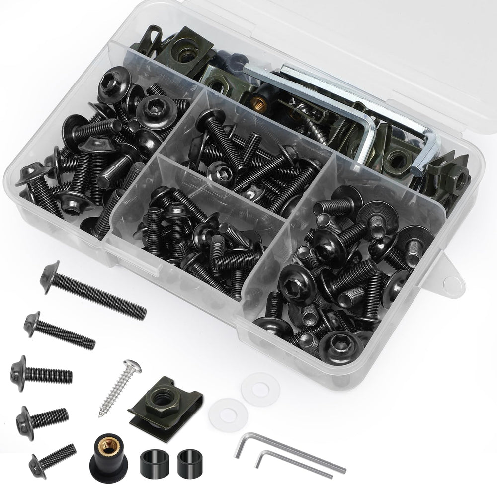 AEEAST titanium fairing bolt kit packaging illustrates the complete 177-piece set for quick upgrades.